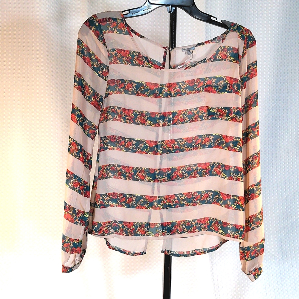Silky sheer long sleeve striped floral blouse top S